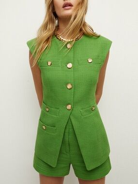 VERONICA BEARD Tamara Vest In Cactus Green Textured Tweed Textured Vest Sz 00